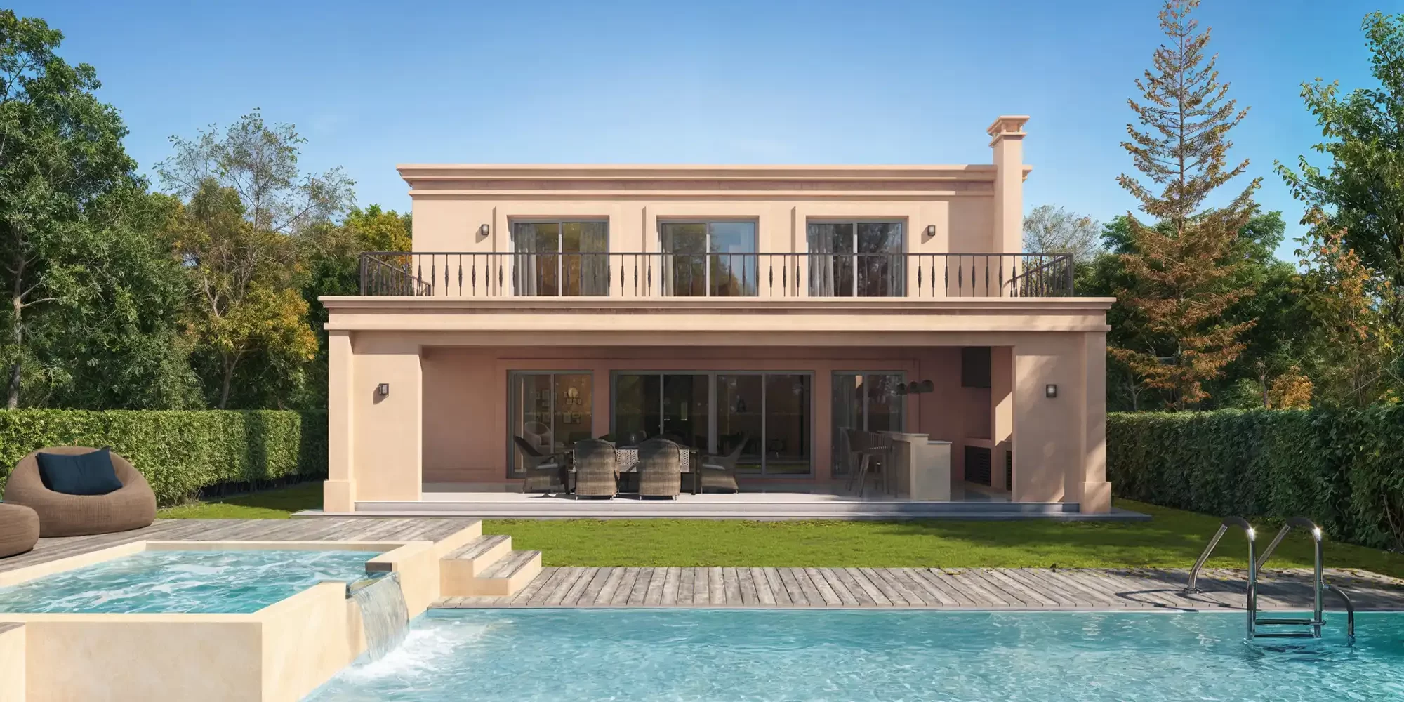 Vista exterior con luz natural aplicada a renders arquitectónicos profesionales